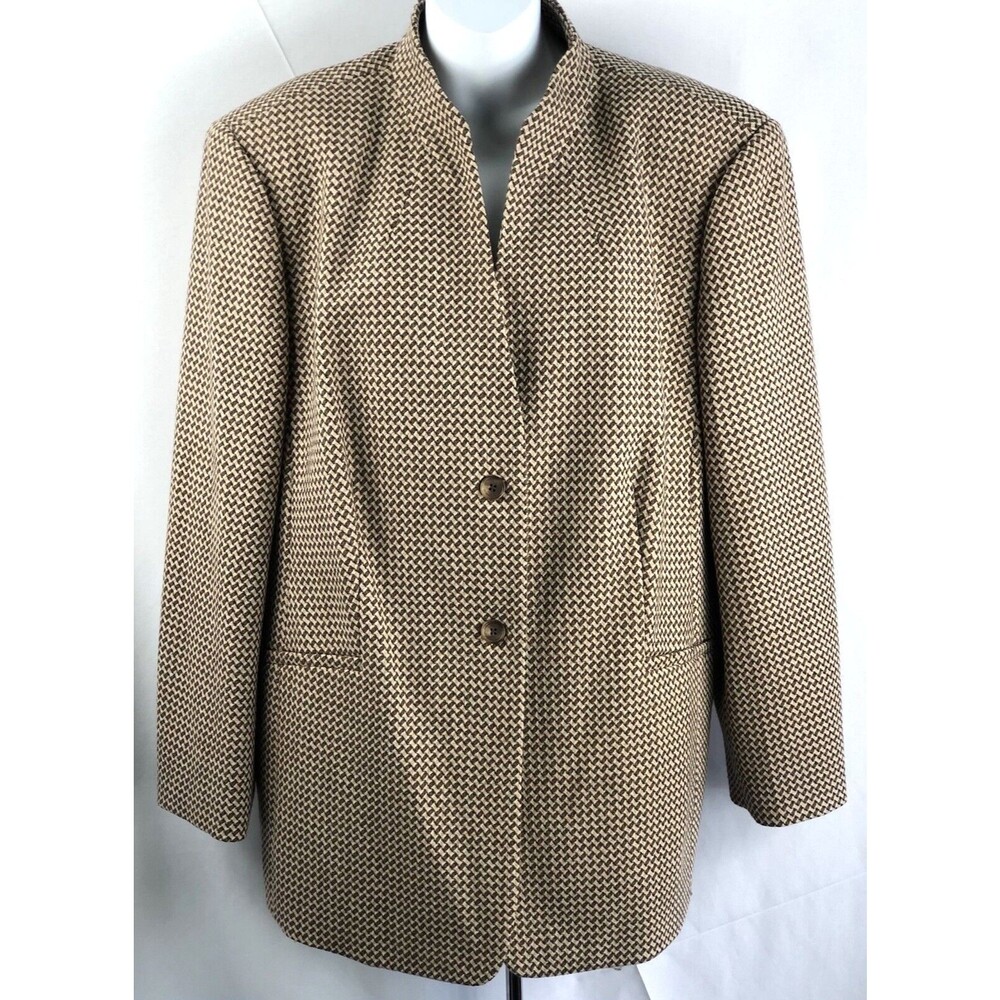 Talbots 100% Wool Blazer Jacket 18W Brown/Tan Basket Weave 2 Button Mock Neck